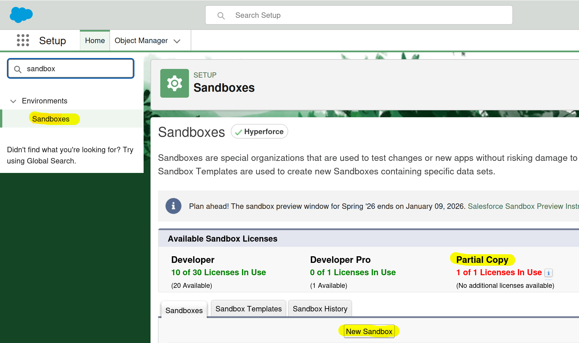 Create new Salesforce Sandbox