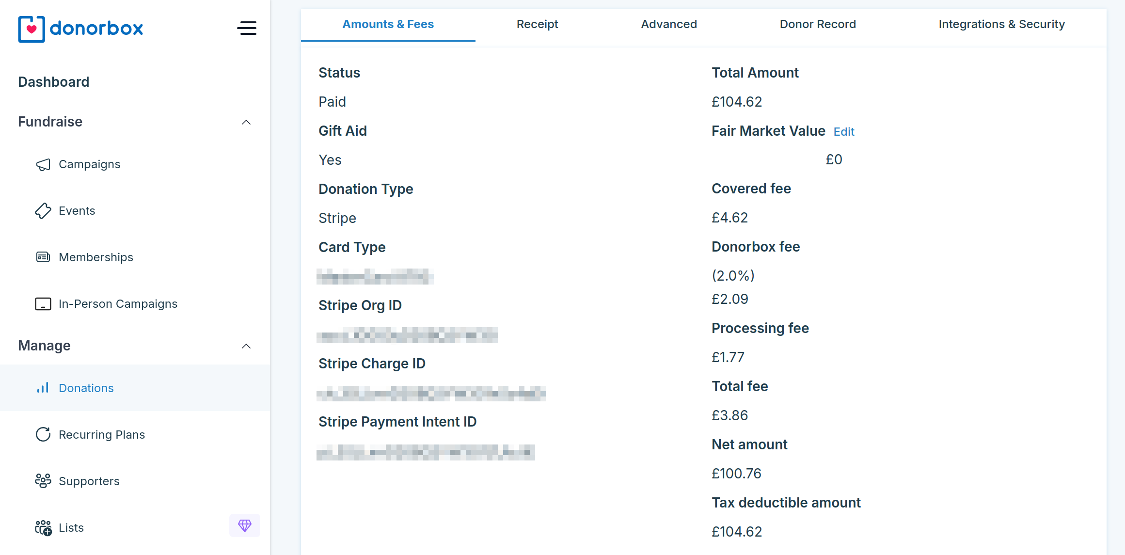 Donorbox transaction example