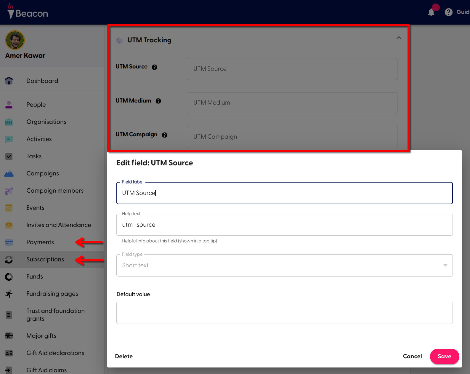Add UTM custom fields to Beacon