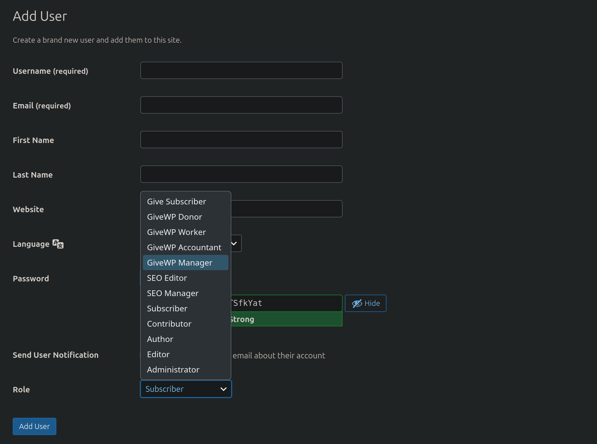 Create Wordpress GiveWP Manager user