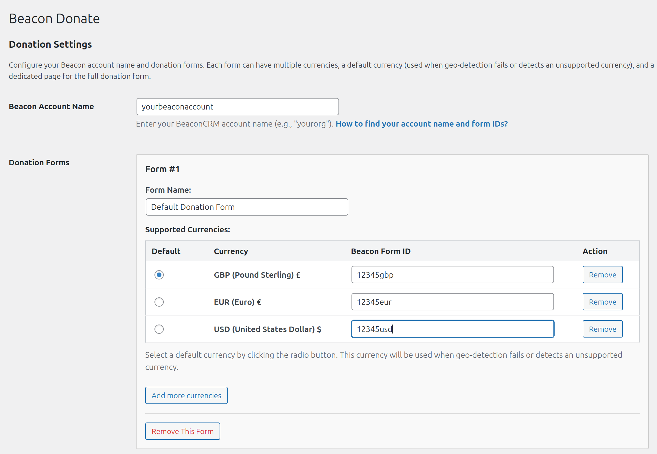 Wordpress Beacon CRM Multi-currency Forms configuration