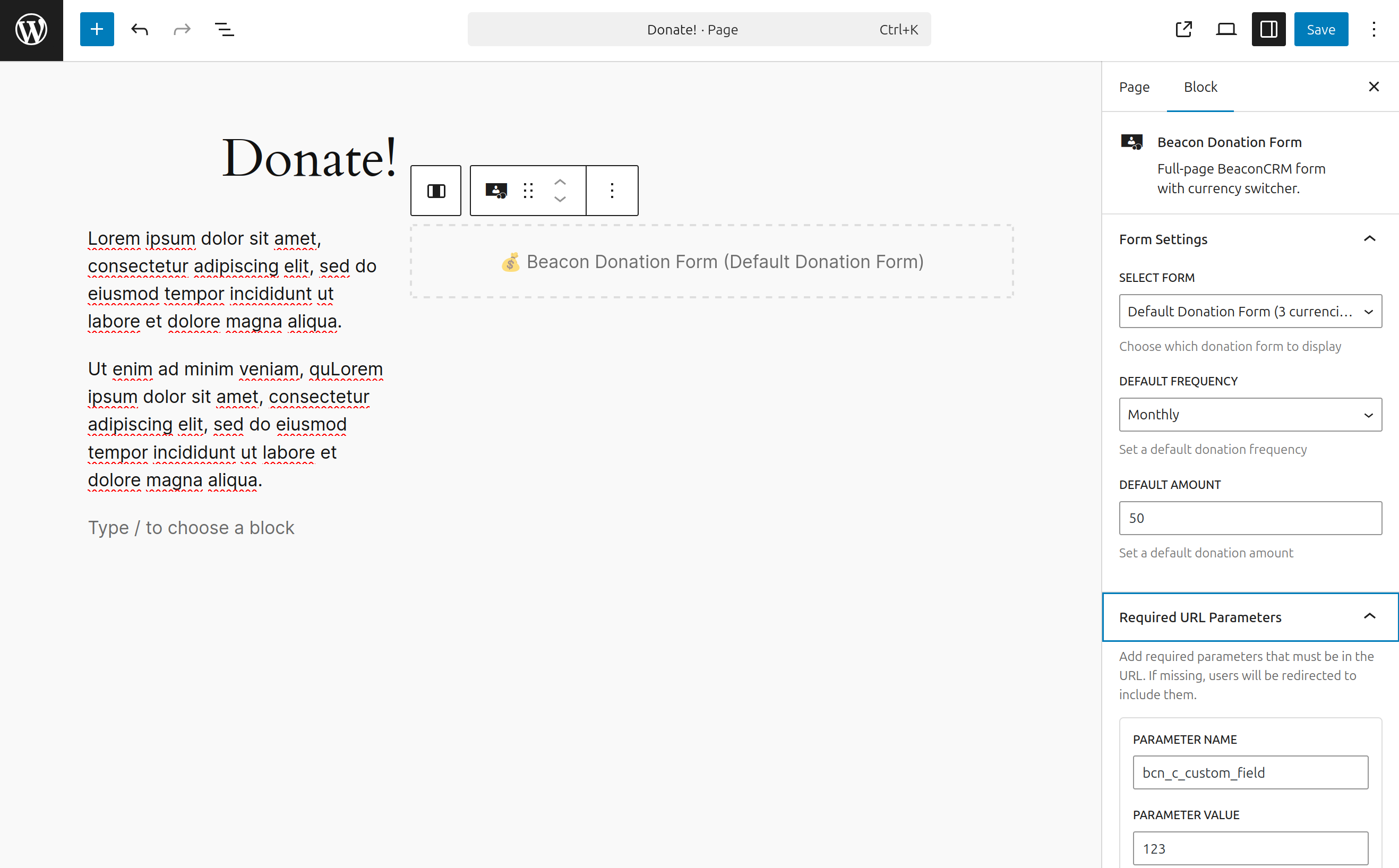 Wordpress Block Editor - Adding Beacon Donation Form
