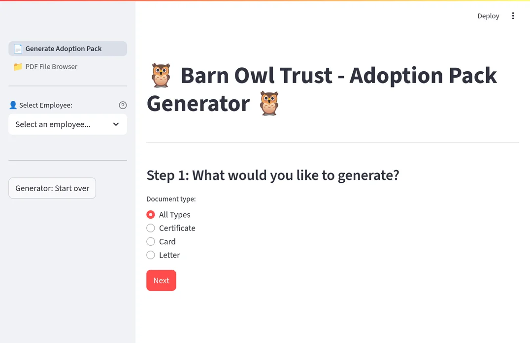 Owl Adoption Pack PDF Templating System using Carbone.io